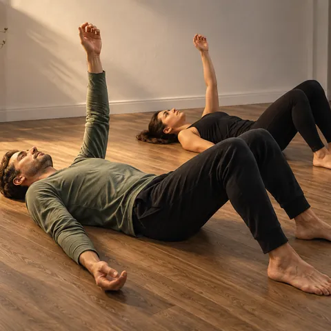 Dos alumnos tumbados boca arriba con las rodillas flexionadas y un brazo en alto, en un ejercicio de reeducación postural