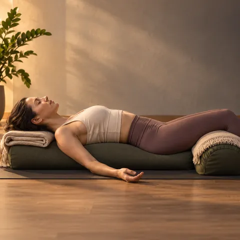 Alumna en relajación tumbada sobre un bolster y una manta, con las rodillas apoyadas en un rulo
