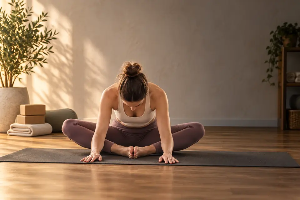 Postura de mariposa mantenida, en una clase de Gravity Yoga