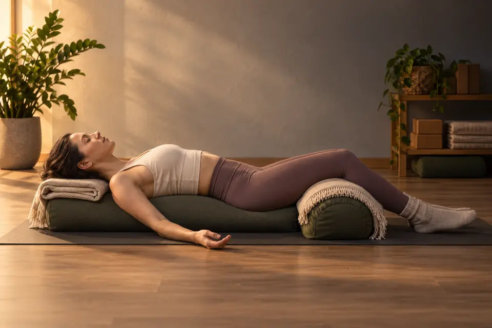 Relajación sobre bolster en una clase de yoga restaurativo