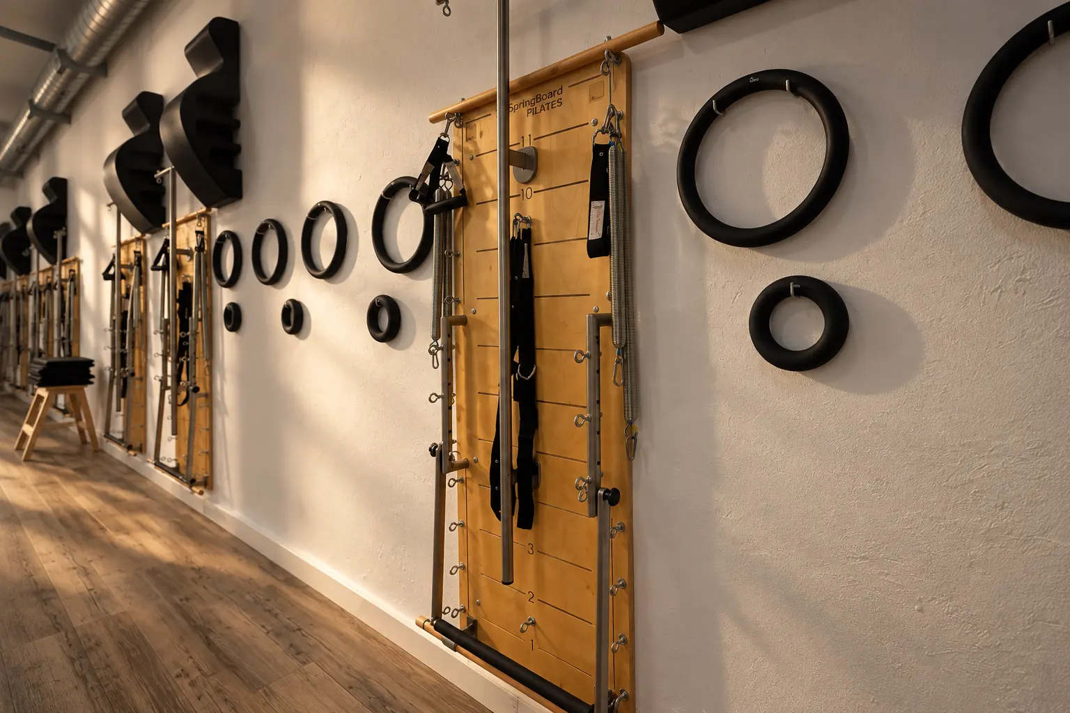 Aros y Springboards colgados en la pared de la sala de Studio Salux