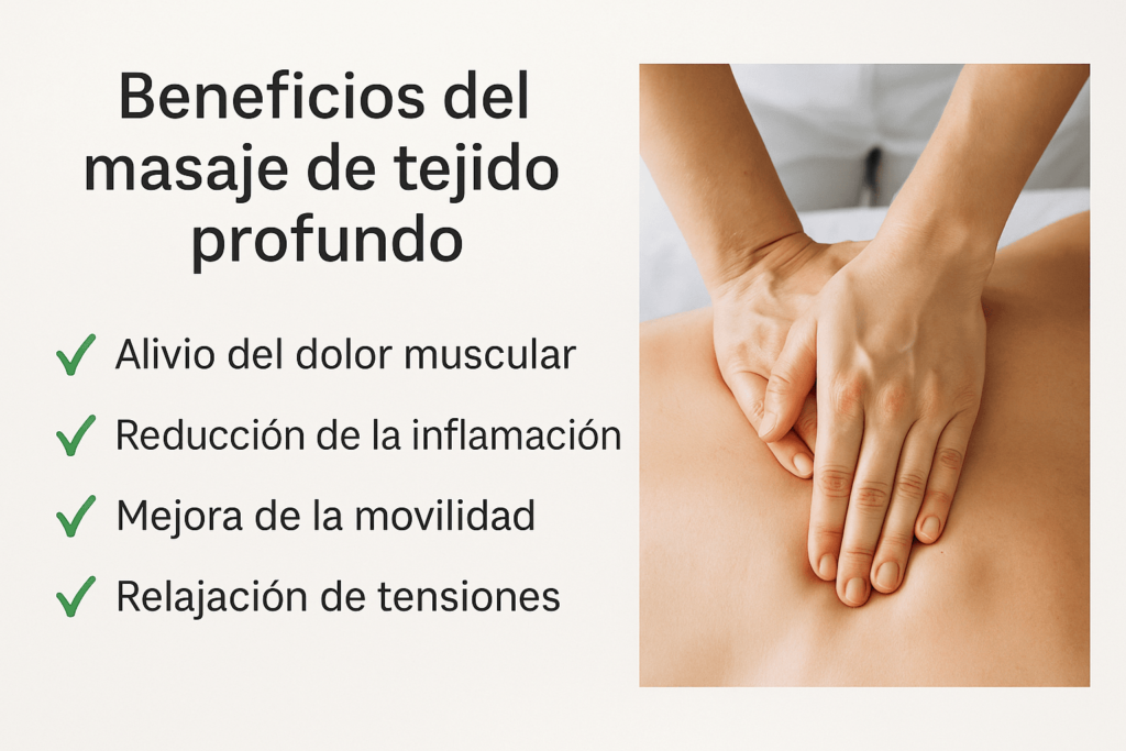 Ilustración del masaje Deep Tissue actuando sobre capas musculares profundas y tejido fascial