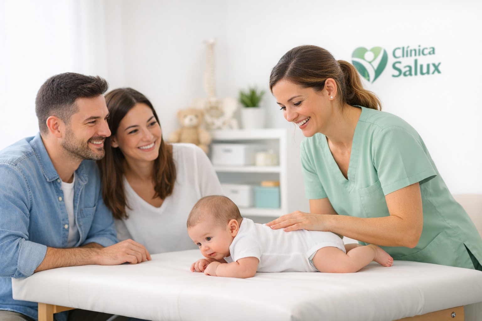 Fisioterapeuta pediátrica en Clínica Salux (Huelva) tratando a un bebé con cólico del lactante junto a sus padres.