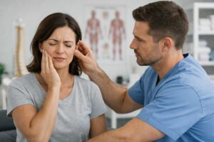 Fisioterapeuta evaluando la mandíbula de un paciente con bruxismo