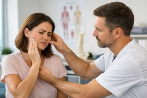 Fisioterapeuta evaluando la articulación temporomandibular en un paciente con dolor de mandíbula