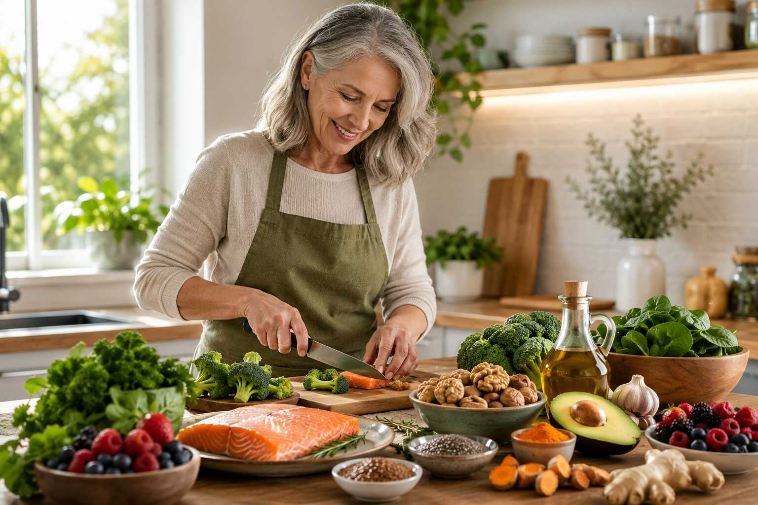 Persona preparando alimentos antiinflamatorios para aliviar la artrosis y mejorar la salud articular