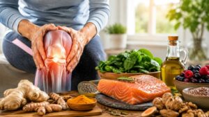 Persona con inflamación de rodilla junto a alimentos antiinflamatorios como salmón cúrcuma jengibre y aceite de oliva para aliviar el dolor articular