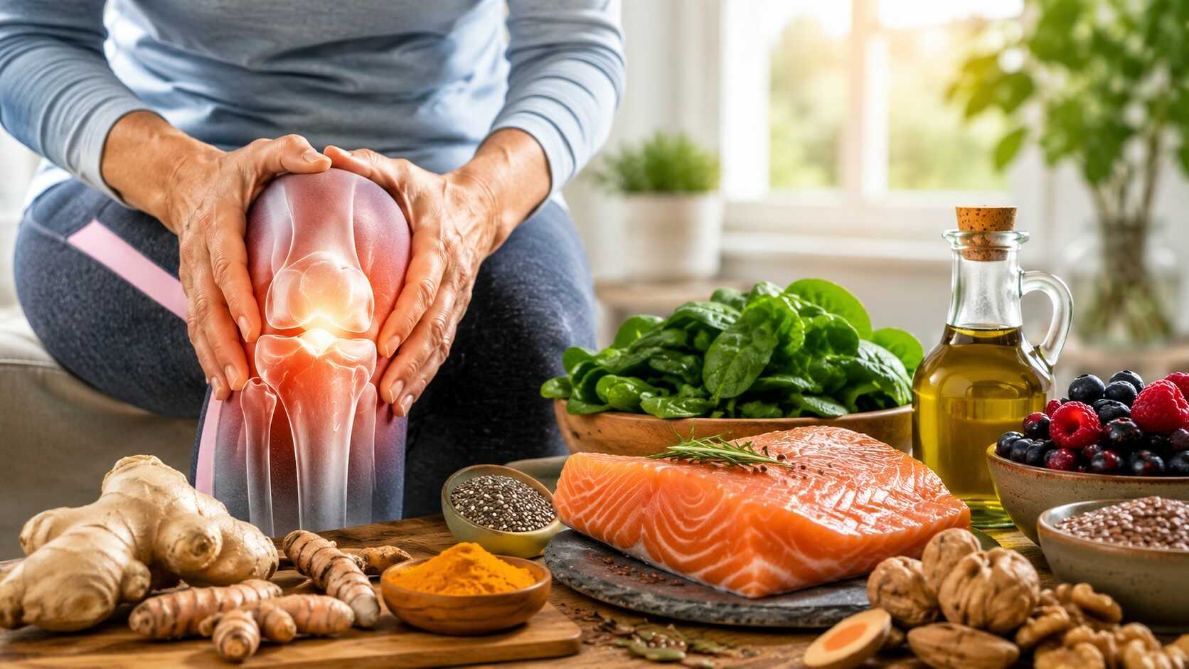 Persona con inflamación de rodilla junto a alimentos antiinflamatorios como salmón cúrcuma jengibre y aceite de oliva para aliviar el dolor articular