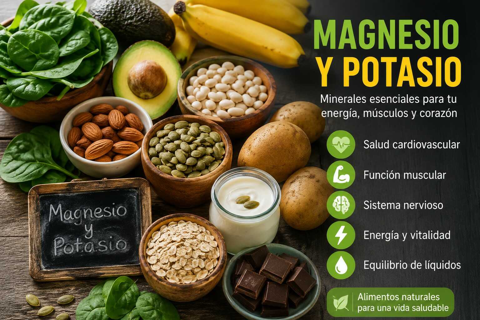 Alimentos ricos en magnesio y potasio como espinacas, aguacate, plátano, almendras, semillas de calabaza, avena, yogur y patata para mejorar la salud cardiovascular, muscular y energética.