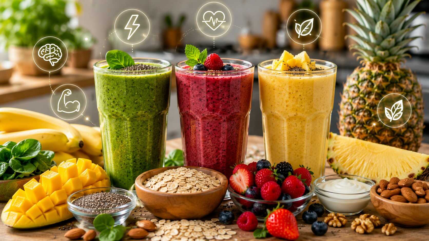 Batidos energéticos saludables elaborados con frutas frescas, avena, yogur y semillas para aumentar la energía natural y mejorar el rendimiento diario.