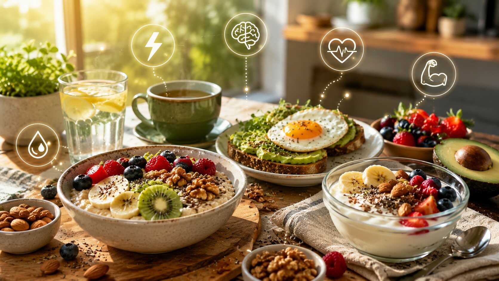 Desayunos saludables para combatir la fatiga con avena, fruta, yogur, aguacate, huevo y frutos secos para aumentar la energía durante todo el día.