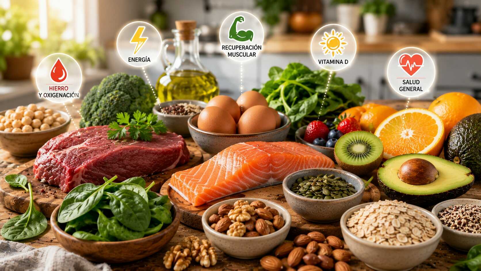 Alimentos recomendados para combatir el cansancio muscular como salmón, huevos, espinacas, frutos secos, avena y frutas ricas en vitamina C para mejorar la energía y la recuperación.