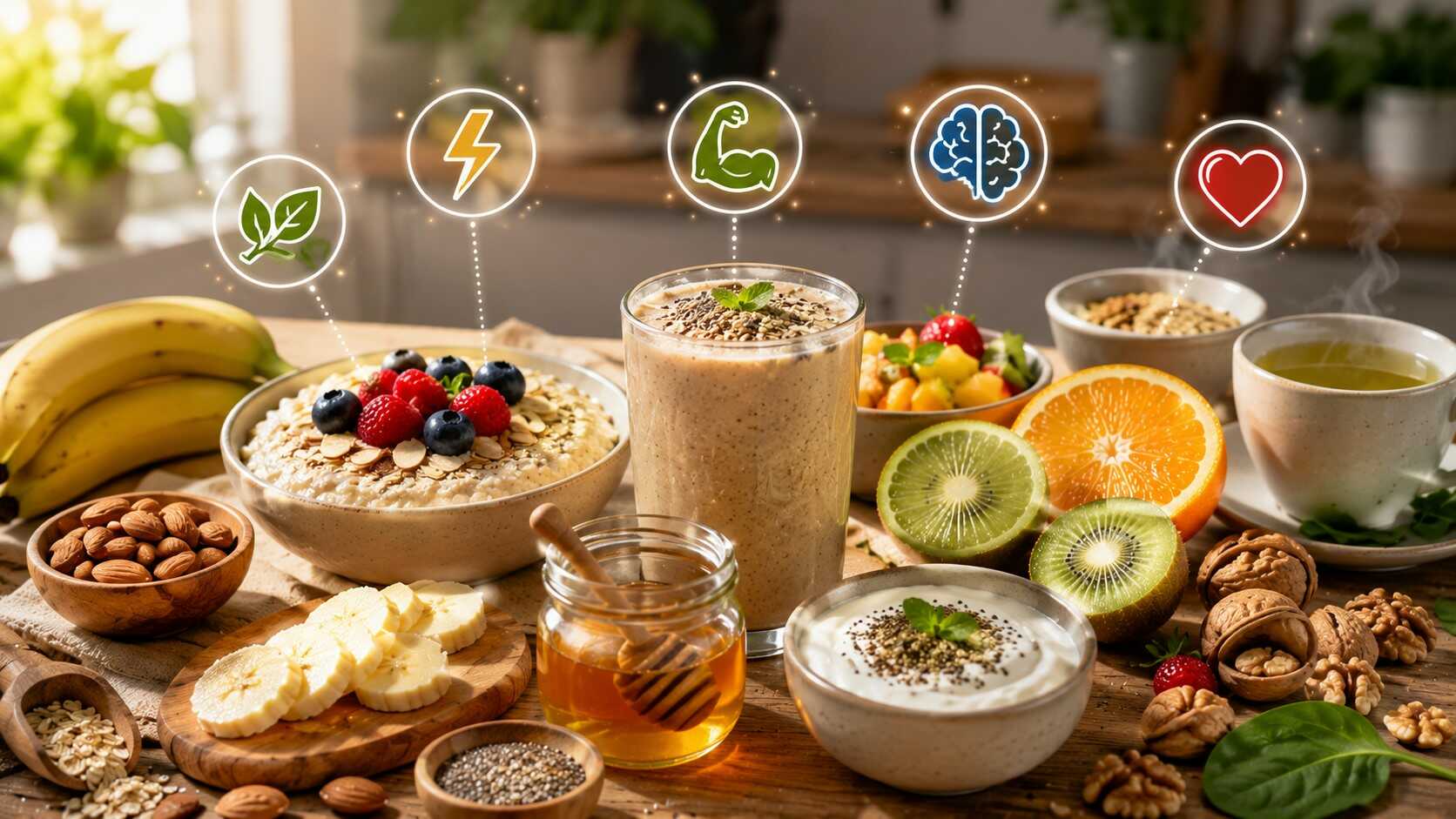 Recetas naturales para recuperar energía con avena, plátano, yogur, frutos secos, miel y batido saludable para combatir el cansancio de forma natural.
