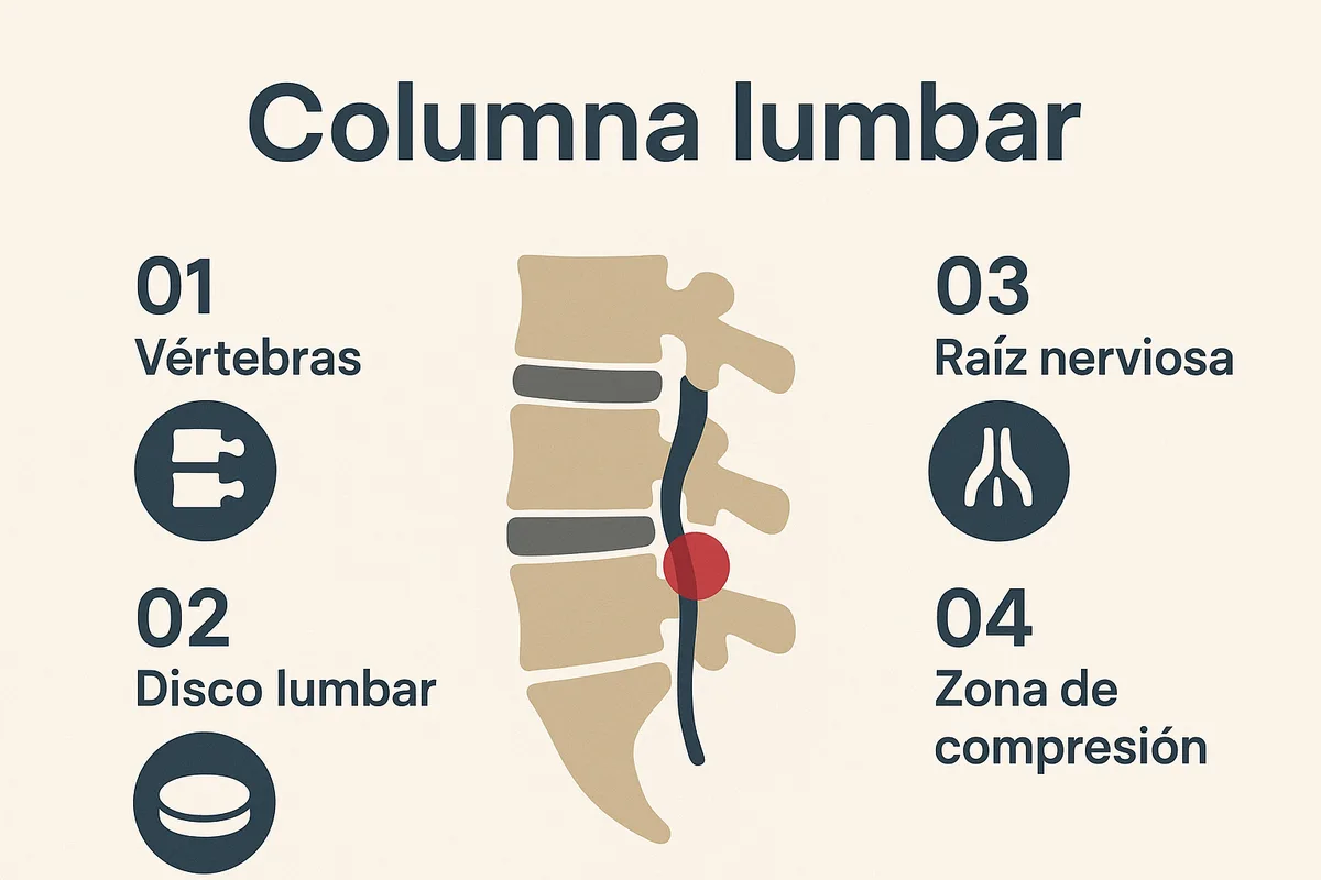 anatómica de la columna lumbar señalando vértebras, disco lumbar, raíz nerviosa y zona de compresión. Esto ayuda al lector a 