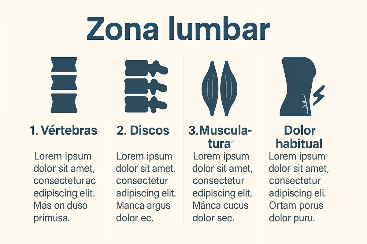 anatómica de la zona lumbar con vértebras, discos, musculatura, raíces nerviosas y zonas habituales de dolor