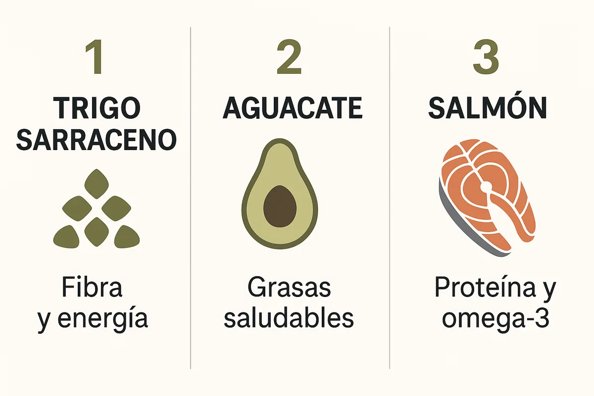 comparativa con tres columnas: trigo sarraceno = fibra y energía , aguacate = grasas saludables , salmón = proteína y omega-3