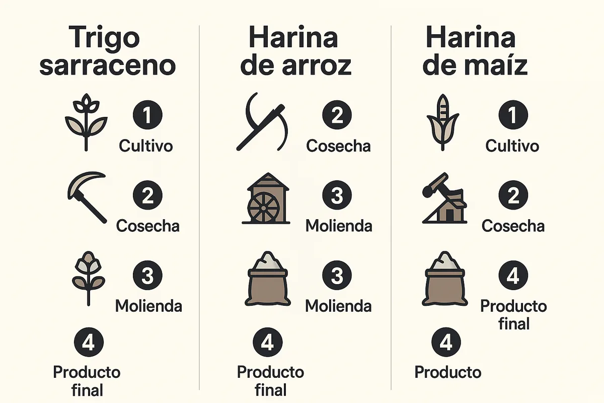 comparativa: Trigo sarraceno vs harina de arroz vs harina de maíz : gluten, fibra, proteína, sabor, textura y usos