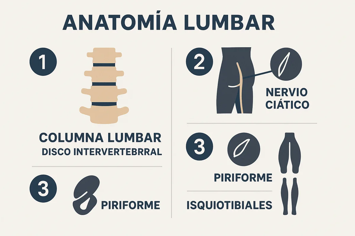sencilla de anatomía lumbar con etiquetas: columna lumbar, disco intervertebral, nervio ciático, piriforme, glúteos e isquiot
