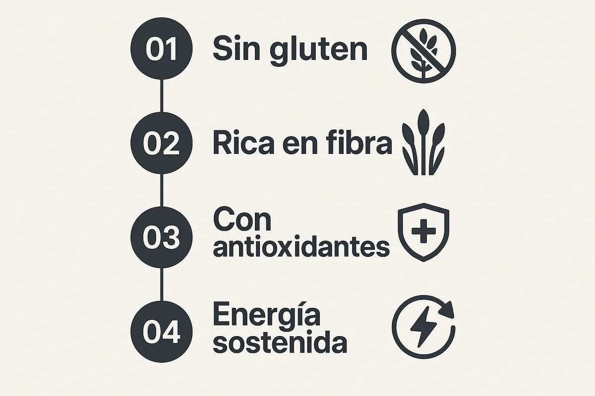 vertical para móvil con 4 datos clave: Sin gluten · Rica en fibra · Con antioxidantes · Energía sostenida