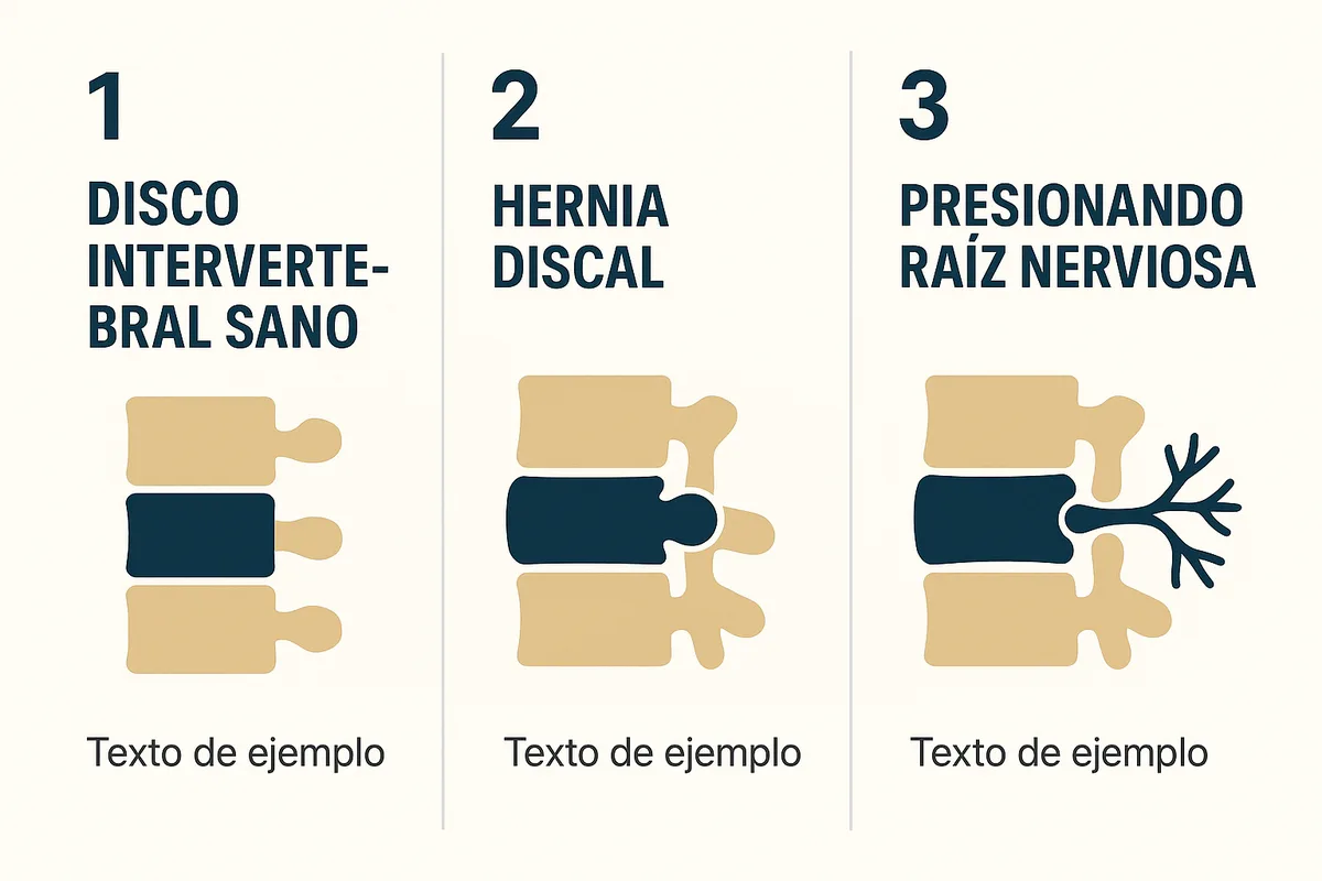 comparativo de un disco intervertebral sano frente a una hernia discal presionando una raíz nerviosa