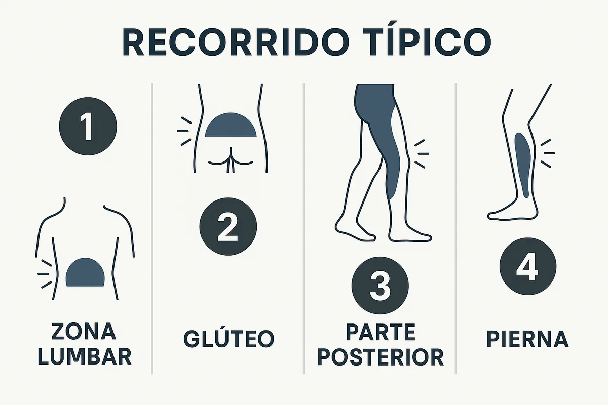 corporal mostrando el recorrido típico de la ciática , desde zona lumbar hasta glúteo, parte posterior de la pierna y pie